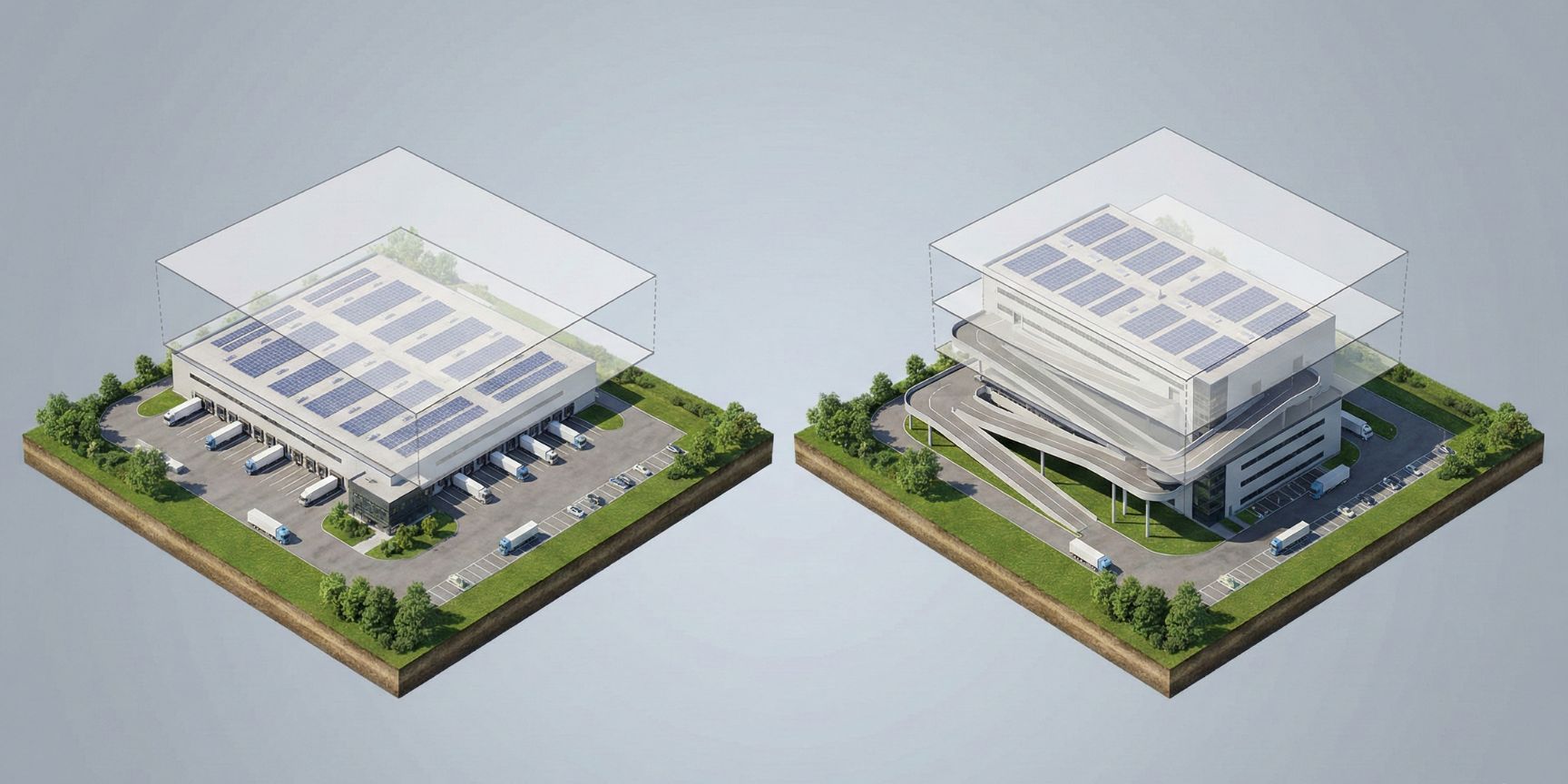 Isometrische Darstellung zweier Logistikimmobilien auf identischen Grundstücken; links ein eingeschossiges Lager mit geringer GFZ-Ausnutzung, rechts ein mehrgeschossiges Multi-Level-Logistikzentrum mit hoher GFZ-Ausnutzung, jeweils mit transparenten Geschossflächen-Layern.